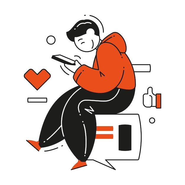 Aplicación de citas de chat masculino moderno coqueteo en línea de forma remota encontrando pareja en ilustración plana de vector de teléfono inteligente comunicación a distancia de hombre sonriente en tecnología de servicio de medios de internet móvil aislada