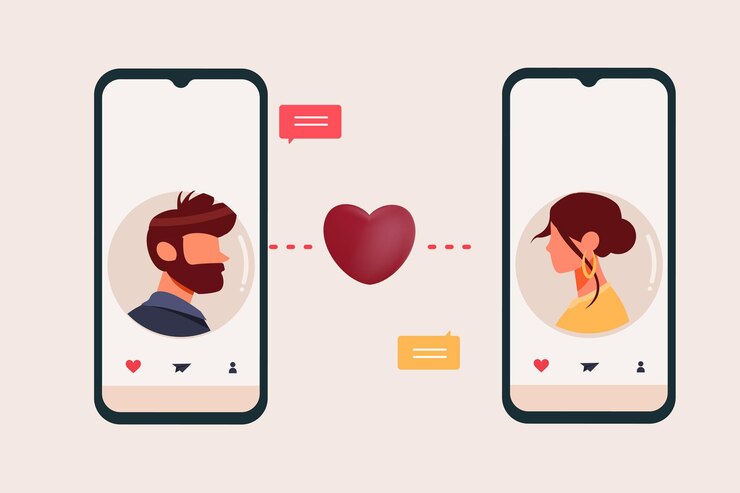 Vector aplicación de citas concepto de diseño plano mensaje de envío masculino y femenino con teléfono inteligente en vector de aplicación de citas