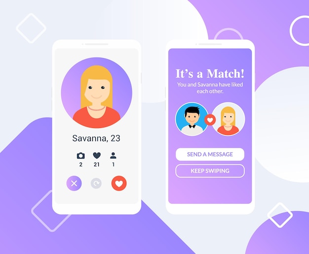 Aplicación de citas concepto móvil en línea Diseño plano de perfil masculino femenino Coincidencia de pareja para relación
