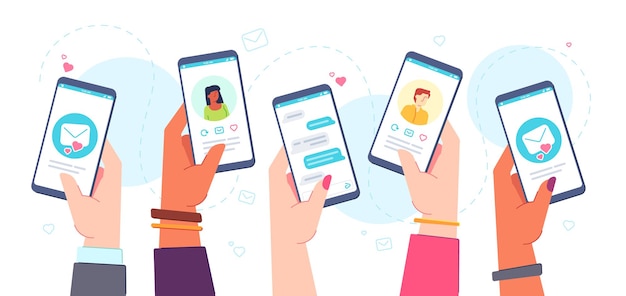 Aplicación de citas móvil. Manos sosteniendo teléfonos con aplicación de fechas en línea, chats, perfiles de partidos y correos. Concepto de vector de relación virtual. Personas que buscan pareja, enviando mensajes de amor.