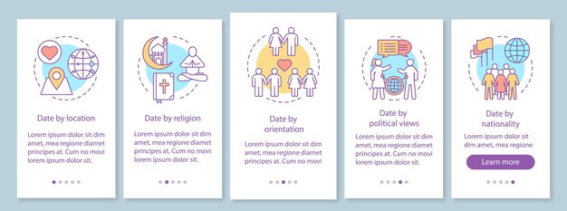 La aplicación de citas de nicho presenta la plantilla de vector de pantalla de página móvil incorporada. Fecha por ubicación, religión, orientación, opiniones políticas, ilustraciones lineales de nacionalidad. Interfaz de teléfono inteligente UX, UI, GUI