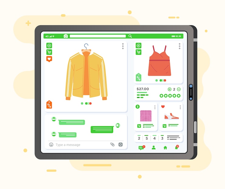 Vector aplicación de comercio electrónico para compras en línea de ropa en tableta, muestra toda la información del producto.