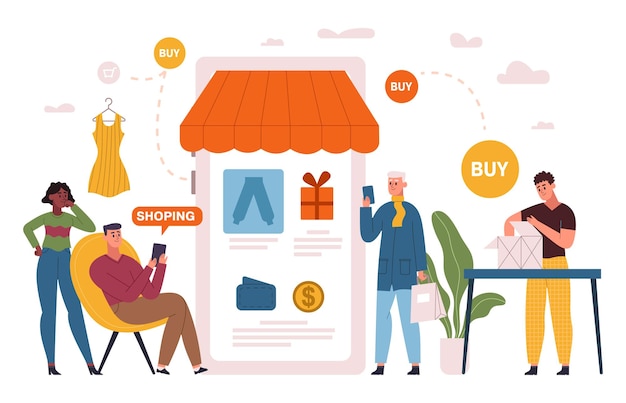 Aplicación de comercio electrónico móvil Clientes de compras en línea Ropa en línea o tienda de abarrotes La gente hace tiendas móviles que compran ilustración vectorial Concepto de compras en línea Clientes que ordenan paquetes de desempaque