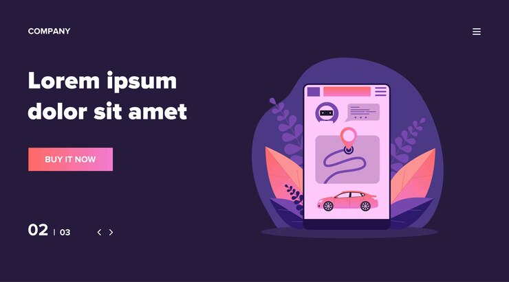 Vector aplicación para compartir coche. interfaz de aplicación de teléfono inteligente con mapa e ilustración del vehículo. transporte urbano, transporte, concepto de tráfico urbano para banner, sitio web o página web de destino