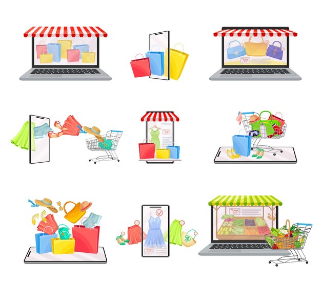 Aplicación de compra en línea en la pantalla del teléfono inteligente y la computadora portátil con artículos de compra en el conjunto vectorial de la canasta