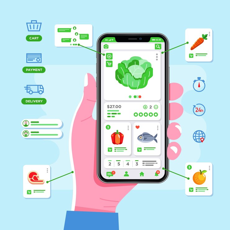Vector aplicación de compras de comestibles en el teléfono móvil, compras en línea de comestibles desde la entrega a domicilio desde el supermercado. utilizado para la imagen del sitio web, carteles de promoción y otros