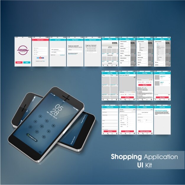 Vector aplicación de compras con detalles rojos y azules