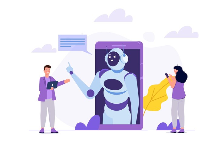 Vector aplicación con concepto de chatbot servicio de atención al cliente diálogo de inteligencia artificial android ilustración vectorial