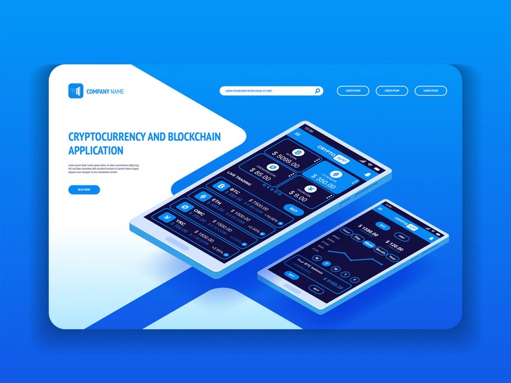 Vector aplicación de criptomonedas y blockchain para teléfonos inteligentes. plantilla de encabezado para su sitio web. página de destino.