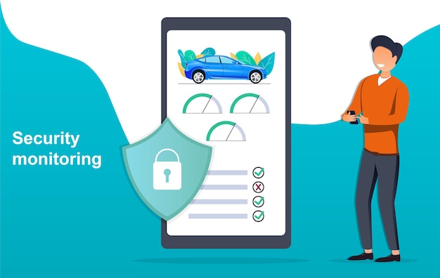 Aplicación digital de monitoreo de seguridad automovilística que muestra a un hombre junto a un dispositivo móvil con cerradura y coche