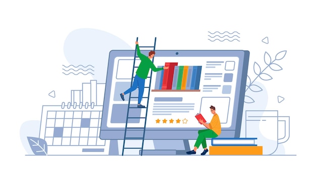 Aplicación de educación digital en línea o persona de la aplicación que elige un nuevo libro en la pantalla de la computadora