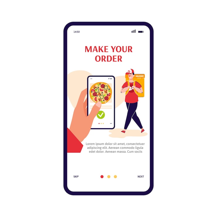Vector aplicación de entrega de alimentos en línea en la pantalla del teléfono inteligente haciendo pedidos de pizza a mano