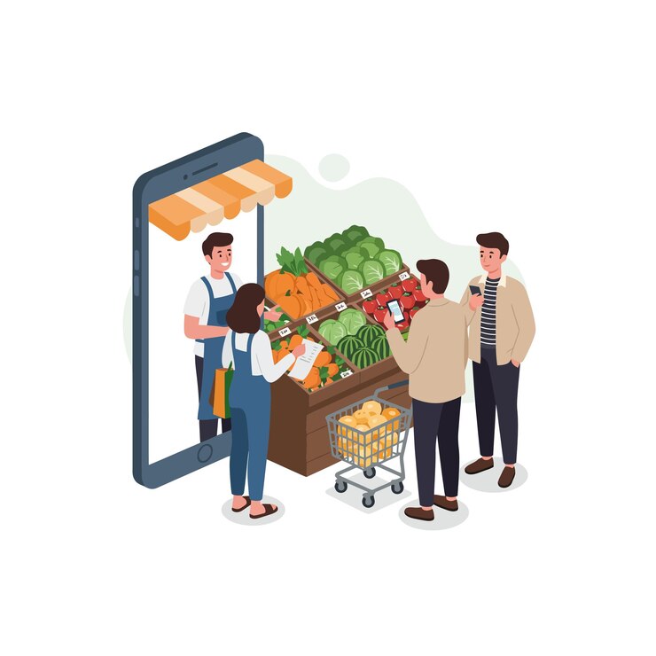 Vector aplicación en línea de farmers market para comprar productos frescos
