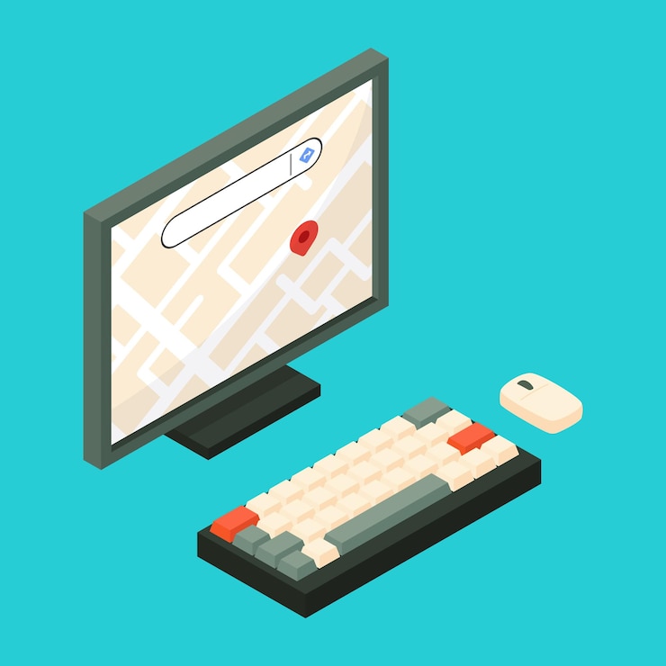 Vector aplicación de mapas en línea en pc computadora kawaii isométrica 3d vector ilustración