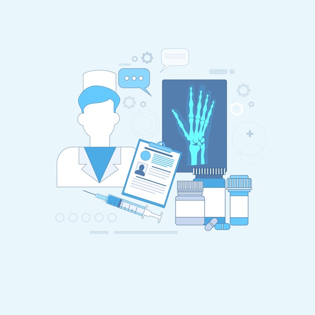 Aplicación médica del hospital Medicina de cuidado de la salud Medicina en línea Web Banner Ilustración de vector de línea delgada