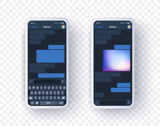 Aplicación de mensajería móvil en dos pantallas con teclado. Concepto de teléfono inteligente de la aplicación de chat en realista
