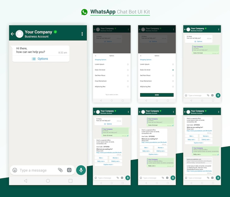 Vector aplicación de mensajes de chatbot en línea de whatsapp ui ux kit de plantilla de cuenta comercial