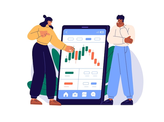 Aplicación del mercado de valores en el teléfono móvil. Inversores, comerciantes analizando gráficos, barras de velas, gráficos de velas, invirtiendo dinero con aplicaciones para teléfonos inteligentes. Ilustración de vector plano aislado sobre fondo blanco