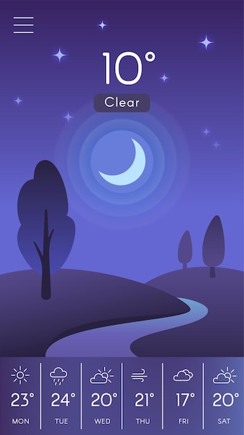 Aplicación meteorológica móvil con un cielo nocturno despejado con una luna creciente árboles estilizados un río sinuoso y un pronóstico semanal con temperaturas variables