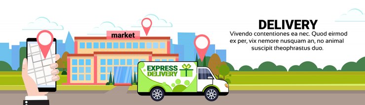 Vector aplicación móvil carga minivan entrega transporte geoetiqueta destino mercado ubicación transporte envío concepto