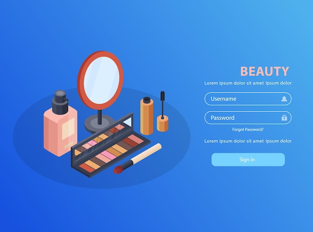 Aplicación móvil de cosmética y belleza con espejo y rímel isométrico.