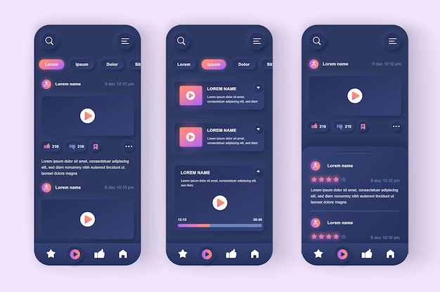 Aplicación móvil de interfaz de usuario de diseño neumorphic moderno de video tube