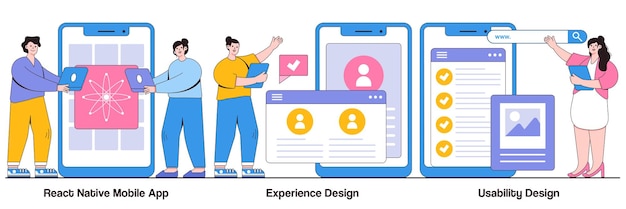 Aplicación móvil nativa react, diseño de experiencia, concepto de prueba de usabilidad con personas pequeñas. conjunto de ilustraciones vectoriales abstractas del proceso de desarrollo de aplicaciones móviles. interfaz de usuario, metáfora de la arquitectura de software.