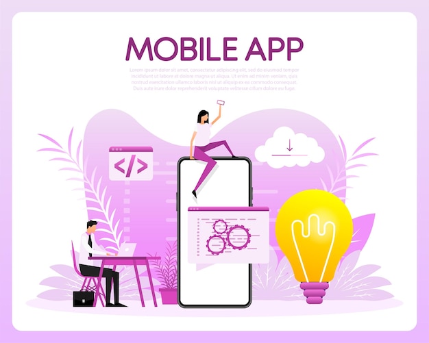 Aplicación móvil con personas de estilo plano Banner plano Aplicación de redes sociales Diseño vectorial