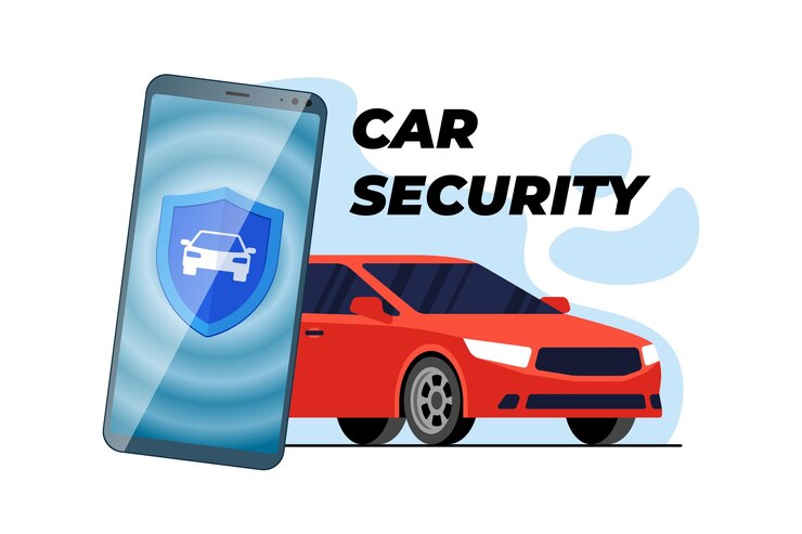 Aplicación móvil del sistema de seguridad del coche. Concepto de banner de aplicación de alarma automática. Protección de automóvil contra robo. Servicio en línea de protección de vehículos. Escudo de icono en la pantalla del teléfono inteligente. Transporte seguro vector de señal