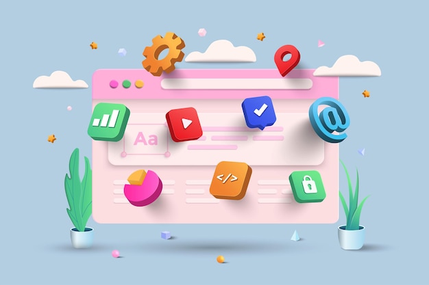 Aplicación móvil, software y desarrollo web con formas 3d, gráfico de barras, infografía sobre fondo azul. Ilustración vectorial 3d