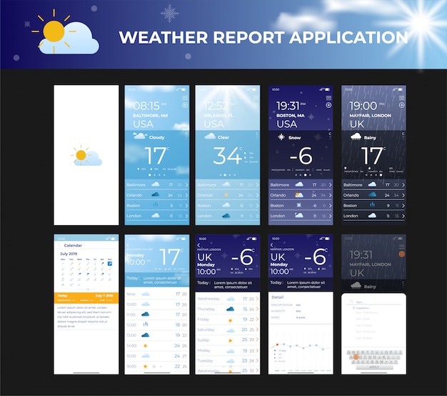 Aplicación móvil ui kit weather roport template