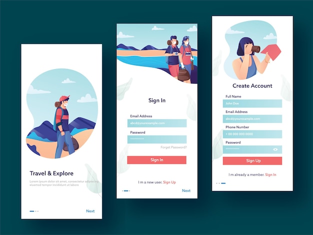 Aplicación móvil UI, UX, GUI Conjunto de viajes de registro de usuario