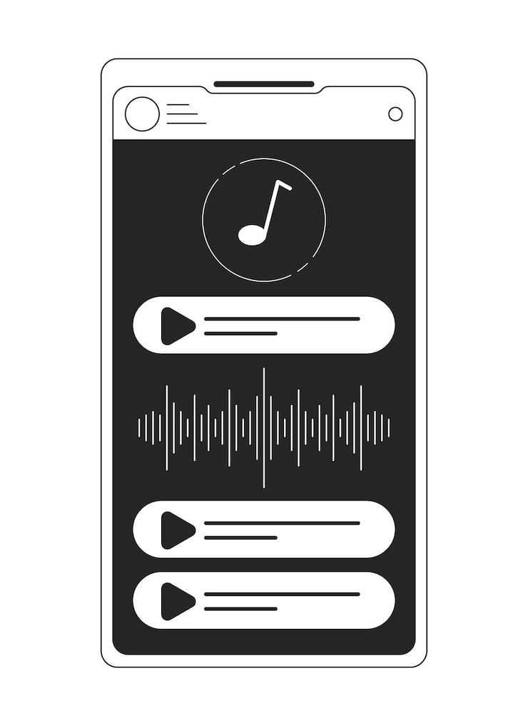 Vector aplicación de música en la pantalla del teléfono inteligente bw concepto vector spot ilustración gadget 2d dibujos animados línea plana objeto monocromático para diseño de interfaz de usuario web escuchar música editable contorno aislado imagen de héroe