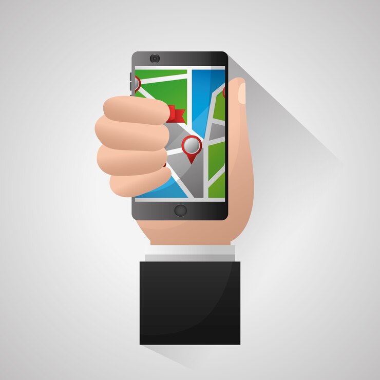 Vector aplicación de navegación gps mano elegante celebración de conexión de teléfono móvil ubicación punto de llegada