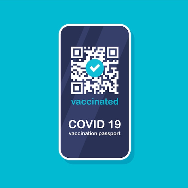 Aplicación de pasaporte de vacunación covid-19. certificado con código qr en la pantalla del smartphone. plantilla de interfaz de usuario.vector