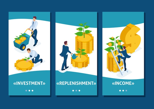 Aplicación de plantilla isométrica Ahorre conceptual y aumente las aplicaciones para teléfonos inteligentes de crecimiento de ingresos de capital de inversión
