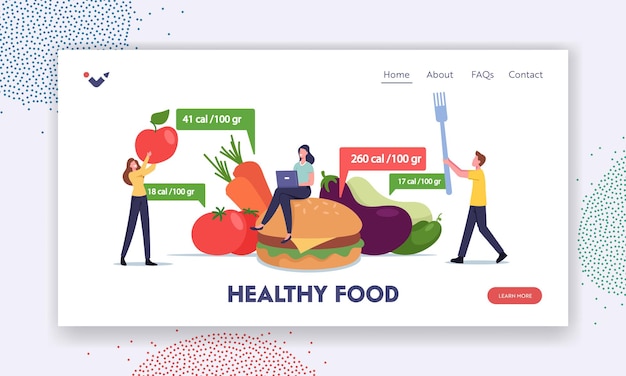 Aplicación para plantilla de página de destino de nutrición y dieta. Pequeños personajes en enormes comidas saludables y comidas poco saludables contando calorías usando la aplicación para bajar de peso. Ilustración de Vector de gente de dibujos animados
