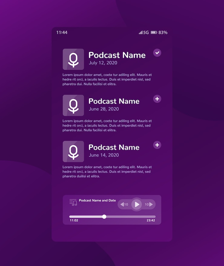 Vector aplicación de podcast y diseño de interfaz de usuario móvil del reproductor