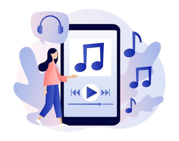 Vector aplicación de reproductor multimedia lista de reproducción de música niña pequeña escucha música sonido audio o radio en línea
