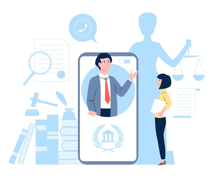 Vector aplicación de servicio de abogado en línea apoyo legal para personas y empresas asesoramiento legal o consulta en teléfono inteligente escena de justicia móvil vectorial reciente ilustración de la aplicación para servicio de abogado