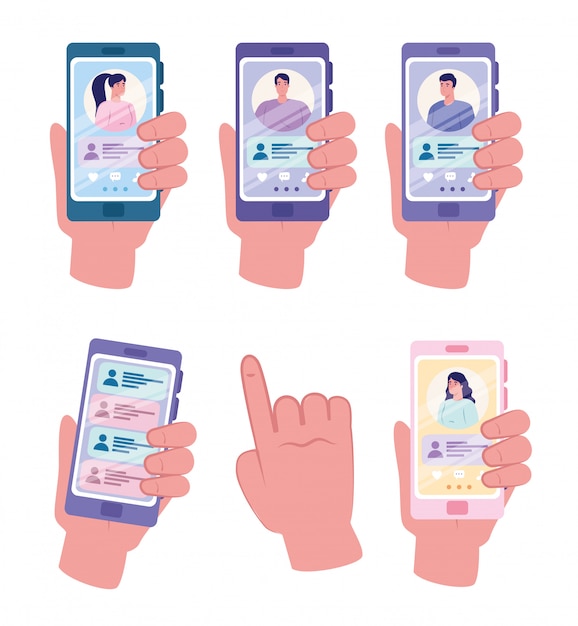 Aplicación de servicio de citas en línea, manos que sostienen el teléfono inteligente con perfiles de hombre y mujer, personas modernas que buscan pareja, redes sociales, concepto de comunicación de relación virtual