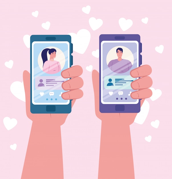 Aplicación de servicio de citas en línea, manos que sostienen el teléfono inteligente con perfiles de hombre y mujer, personas modernas que buscan pareja, redes sociales, concepto de comunicación de relación virtual
