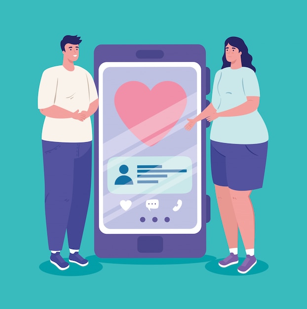 Vector aplicación de servicio de citas en línea, teléfono inteligente con corazón y pareja, personas modernas que buscan pareja, redes sociales, concepto de comunicación de relación virtual