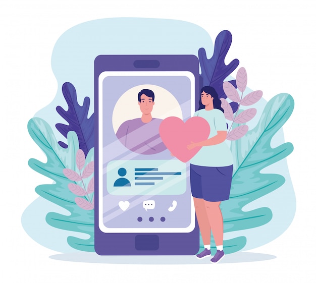 Vector aplicación de servicio de citas en línea, teléfono inteligente con perfil de hombre, mujer con corazón, personas modernas que buscan pareja, redes sociales, concepto de comunicación de relación virtual