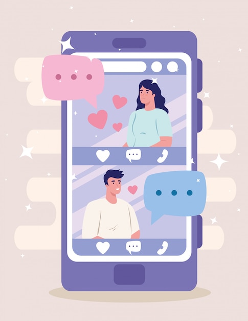 Aplicación de servicio de citas en línea, teléfono inteligente con perfiles de hombre y mujer, personas modernas que buscan pareja, redes sociales, concepto de comunicación de relación virtual