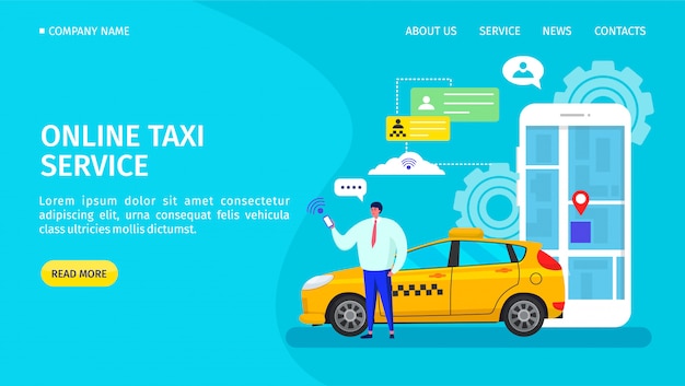 Aplicación de servicio de taxi en línea, ilustración de página web. Pedido de coche de transporte, ubicación en tecnología de mapa. Cliente hombre