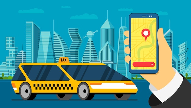 Aplicación de servicio de taxi. Mano que sostiene el teléfono inteligente con la dirección de llegada del pin de ubicación gps de geoetiqueta en el mapa y el moderno automóvil amarillo en la carretera del paisaje urbano inteligente. Ilustración de vector plano de aplicación de taxi en línea