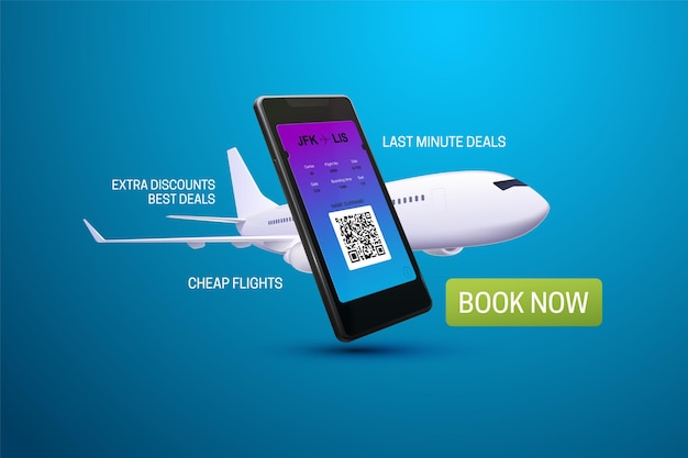 Aplicación de smartphone para comprar billetes de avión banner publicitario.