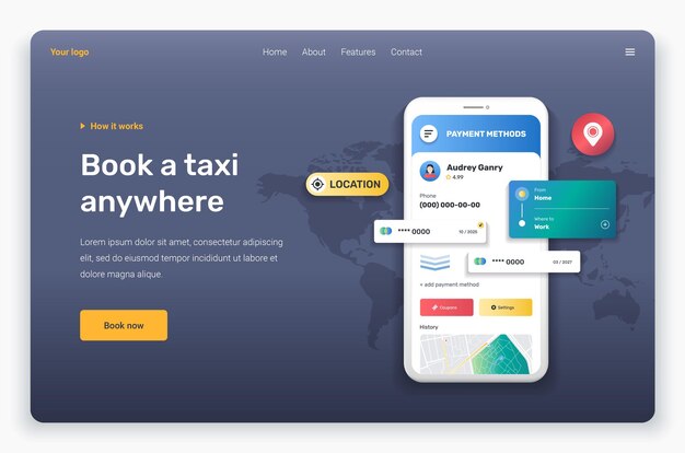 Aplicación de taxi con plantilla de página de destino de perfil
