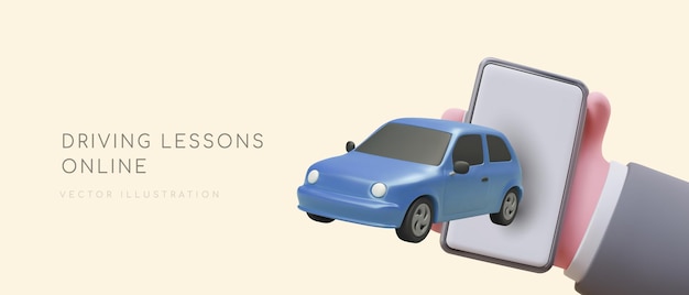 Vector aplicación telefónica para aprender las reglas de tráfico todas las señales de tráfico en el teléfono teléfono inteligente 3d coche capacitación para conductores de transporte de pasajeros afiche publicitario para educación en línea